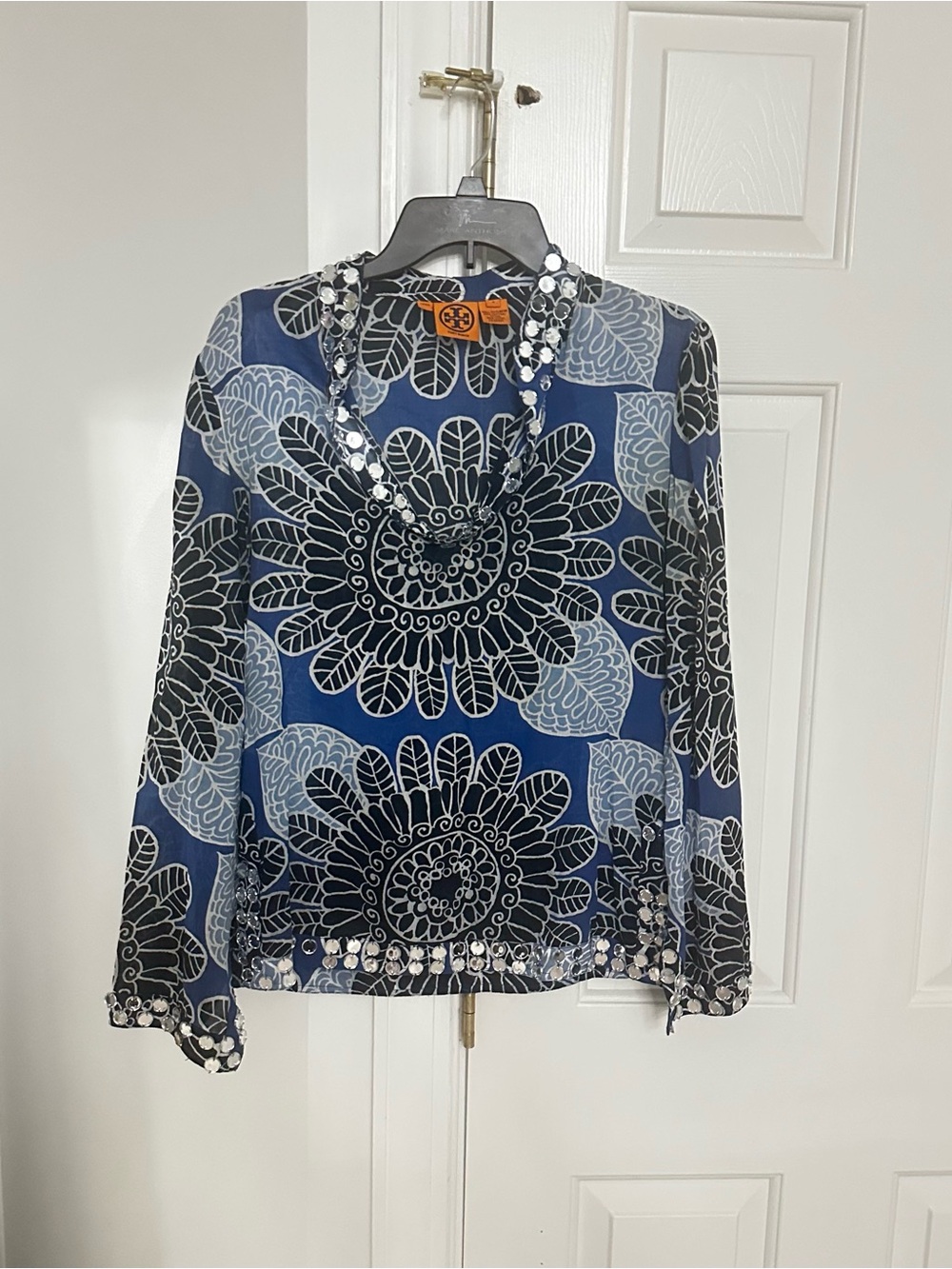 Tory Burch Navy and Light Blue Floral Beaded V-Neck Blouse
